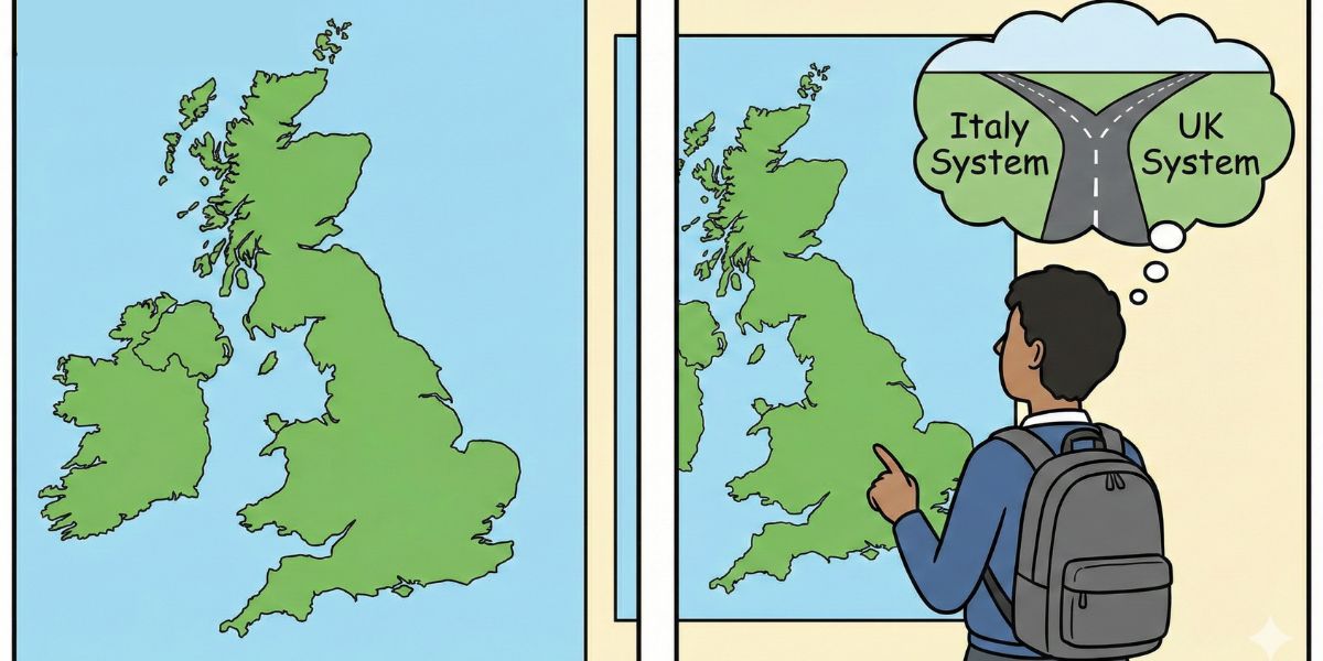 Questa immagine rappresenta la scelta che lo studente deve compiere, visualizzando la differenza tra il sistema italiano e quello britannico