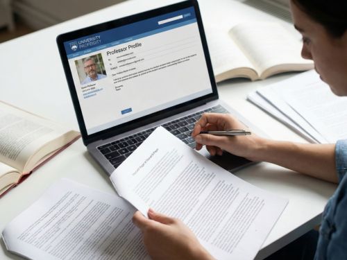 Questa immagine visualizza il momento cruciale del contatto con un potenziale supervisore. Mostra una candidata che studia attentamente il profilo di un professore e scrive un'email personalizzata, sottolineando l'approccio strategico e mirato della ricerca.