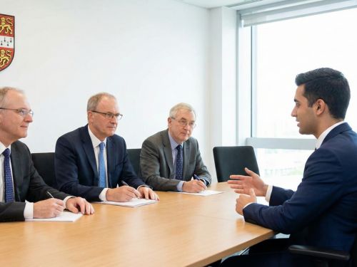 Questa immagine cattura il momento dell'intervista finale. Mostra un candidato sicuro che dialoga con una commissione di professori in un ambiente accademico formale, rappresentando l'ultimo passaggio cruciale per ottenere il dottorato e il finanziamento.