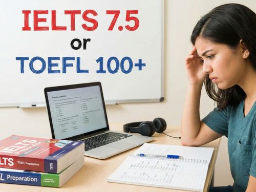Questa immagine visualizza la sfida dei requisiti linguistici. Mostra una studentessa che si prepara per un test (IELTS/TOEFL), con libri, cuffie e un punteggio target in evidenza, sottolineando l'importanza e la difficoltà di questo passaggio obbligatorio.