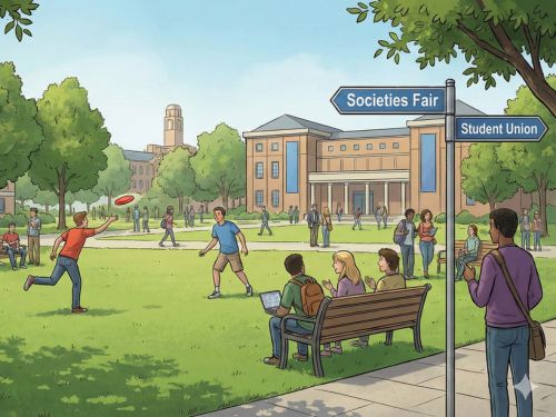 Questa immagine illustra il campus come centro della vita studentesca, con studenti che socializzano e cartelli che indicano le varie attività disponibili.