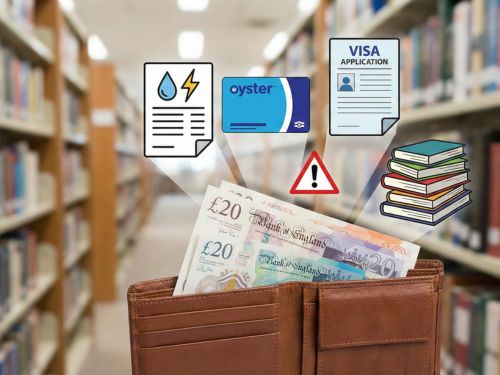 Questa immagine concettuale visualizza la sezione sui costi nascosti. Mostra un portafoglio aperto da cui emergono icone che rappresentano spese impreviste come bollette, trasporti, visti e libri, con un simbolo di avvertimento per sottolineare l'importanza di considerare queste voci nel budget.