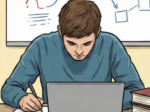 Qui vediamo uno studente impegnato nella scrittura di un essay, circondato da fonti e una lavagna che illustra il processo di pensiero critico e la strutturazione delle idee.