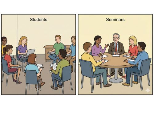 Questa immagine cattura l'essenza dei seminar: un piccolo gruppo di studenti e un professore impegnati in una discussione attiva e interattiva.