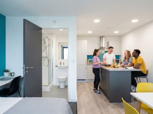 Vista in sezione di un appartamento studentesco (cluster flat) che mostra a sinistra una camera privata con bagno en-suite e a destra una cucina comune con studenti che socializzano.