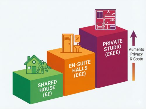Infografica a gradini che mostra l'aumento di costo e privacy delle opzioni abitative studentesche: casa condivisa (economica), camera en-suite (media), studio privato (costoso).