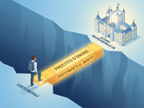Illustrazione isometrica che mostra uno studente che attraversa un "abisso di costi" camminando su un ponte dorato fatto di strumenti finanziari per raggiungere un prestigioso castello universitario.