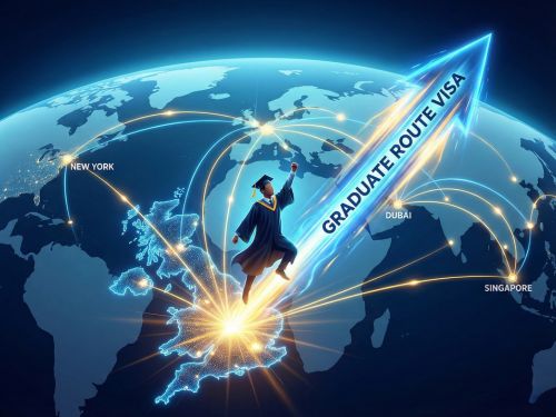 Arte digitale dinamica che mostra un laureato su una rampa di lancio a forma di Regno Unito, propulso da un visto "Graduate Route" verso opportunità di carriera globali interconnesse.