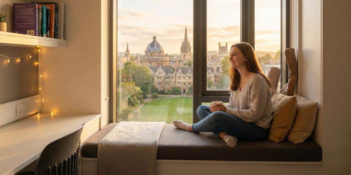 Giovane studentessa universitaria sorridente seduta alla finestra della sua accogliente stanza nel Regno Unito al tramonto, guardando la città universitaria sottostante.