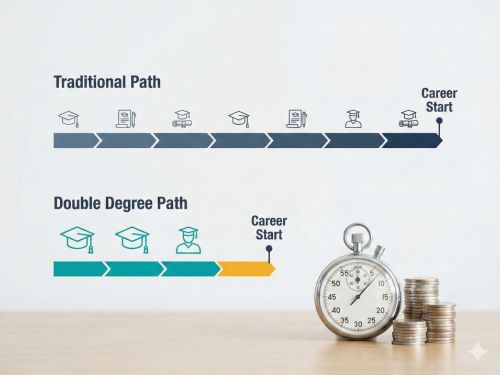 Infografica che confronta due percorsi di studio: il 'Traditional Path' è più lungo e richiede più anni, mentre il 'Double Degree Path' è più breve e permette di iniziare la carriera prima, risparmiando tempo e denaro, come indicato da un cronometro e monete.