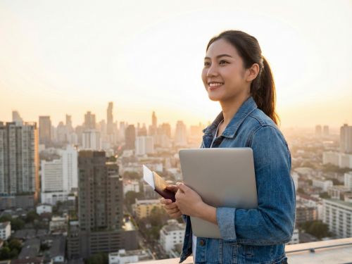 Una giovane studentessa universitaria sorridente tiene un laptop e un passaporto mentre guarda fiduciosa verso l'orizzonte di una città internazionale al tramonto, rappresentando l'ambizione e la prospettiva globale dei candidati al Double Degree.