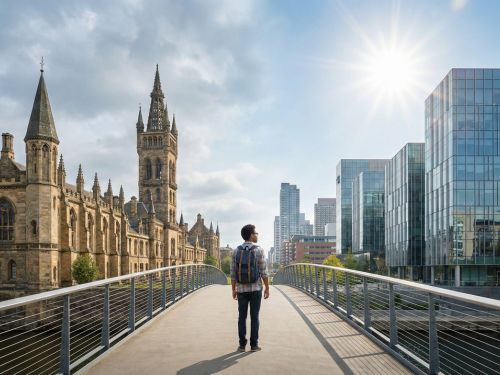 Studente di spalle su un ponte che unisce simbolicamente l'architettura universitaria storica del Regno Unito e i moderni grattacieli degli Stati Uniti, rappresentando il percorso di un Double Degree UK + USA per una carriera globale.