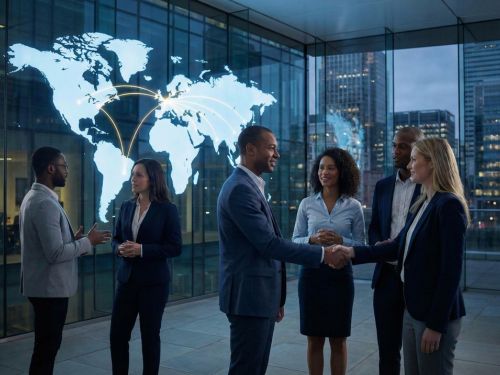 Professionisti internazionali si stringono la mano e fanno networking in un ufficio moderno, con una grande mappa del mondo sullo sfondo che evidenzia le connessioni tra Europa e Nord America, simbolo del network globale del Double Degree.