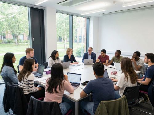 gruppo eterogeneo di studenti e un professore impegnati in una discussione in una piccola classe luminosa alla Richmond American University London, esempio dell'approccio didattico interattivo del Double Degree.