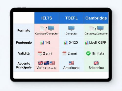 Un'infografica chiara e immediata che confronta le caratteristiche chiave (formato, punteggio, validità, accento) di IELTS, TOEFL e Cambridge, aiutando lo studente a orientarsi nella scelta.