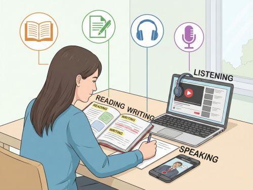 Questa immagine illustra lo studente che si prepara attivamente per l'esame, con un focus sulle quattro abilità linguistiche fondamentali (Reading, Writing, Listening, Speaking), come descritto nella sezione sulle strategie di preparazione.