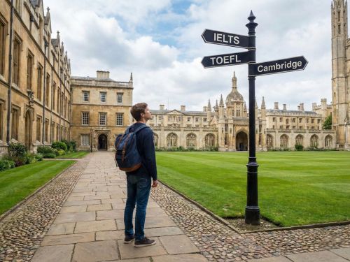 Questa immagine rappresenta l'aspirazione dello studente, ambientata in un campus universitario britannico storico, con un cartello che indica le tre principali certificazioni: IELTS, TOEFL e Cambridge.